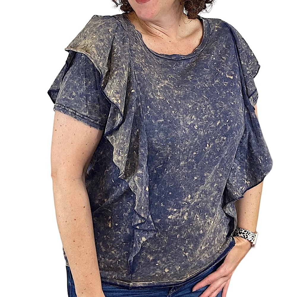 BIBI: Acid Wash Ruffled Short Sleeve T-Shirt in Vintage  Purple - Size Small
